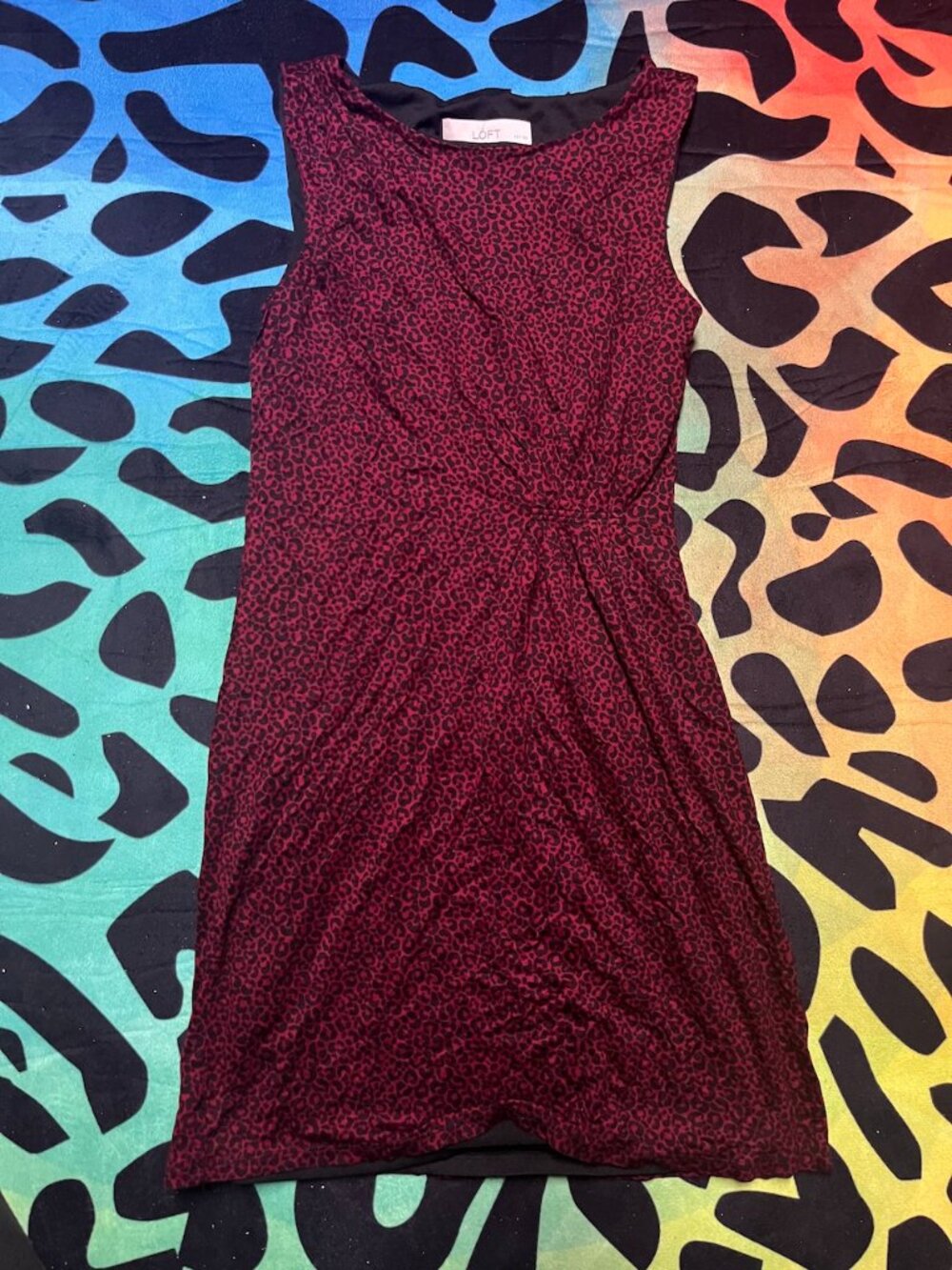 ANN TAYLOR LOFT PETITES RED AND BLACK LEOPARD ANIMAL PRINT SLEEVELESS DRESS XSP